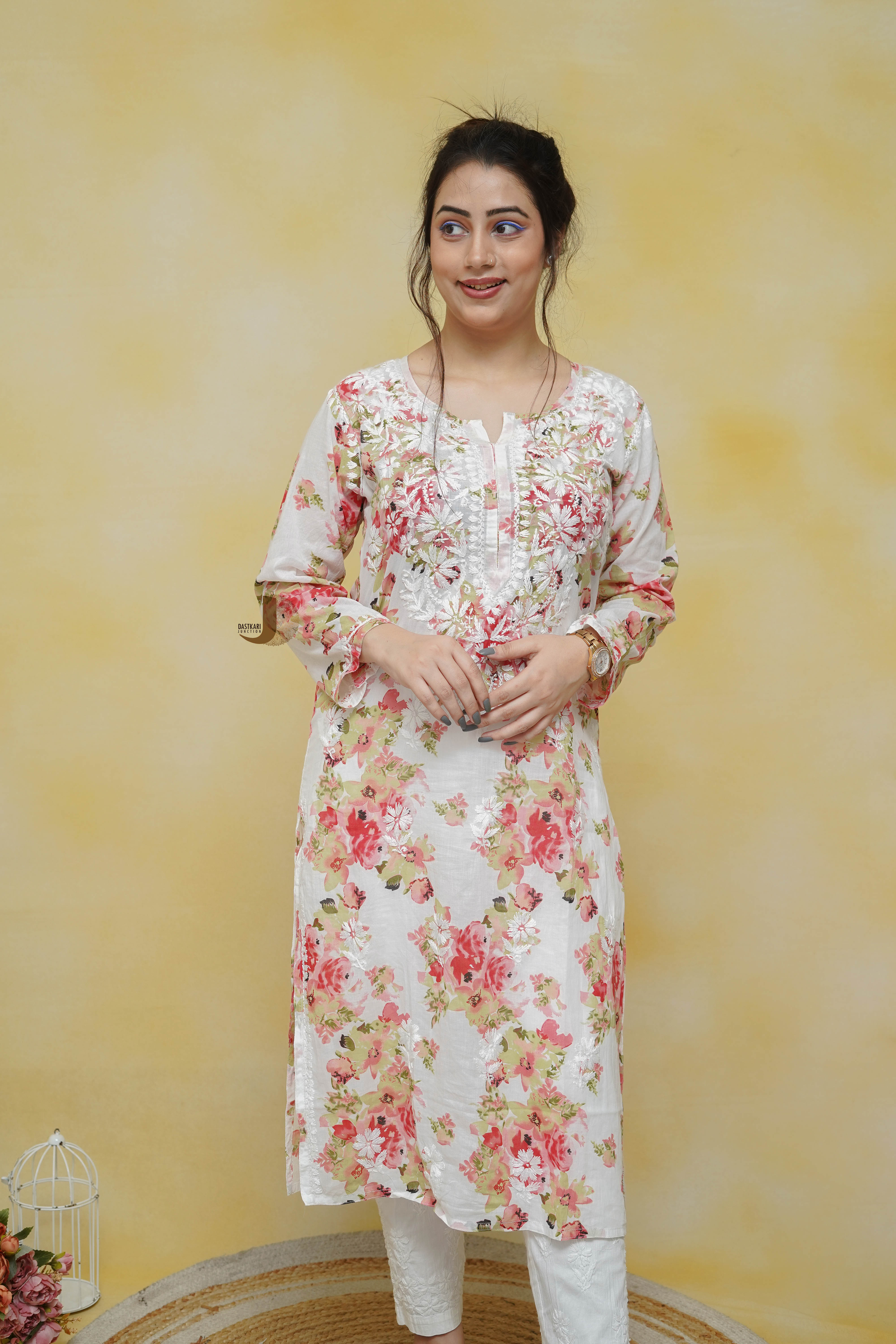 Red Floral Mulmul Kurti