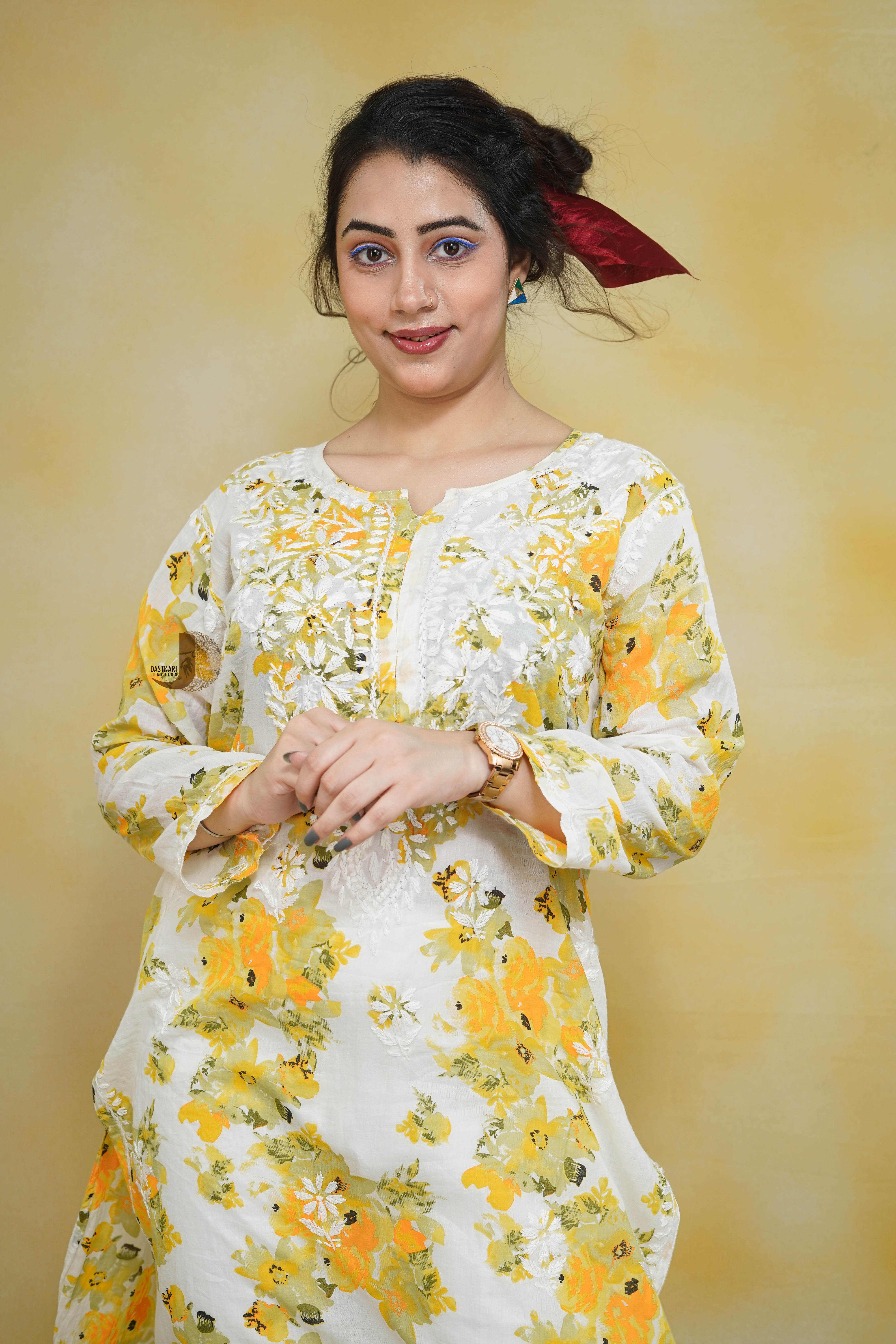 Yellow Floral Mulmul Kurti