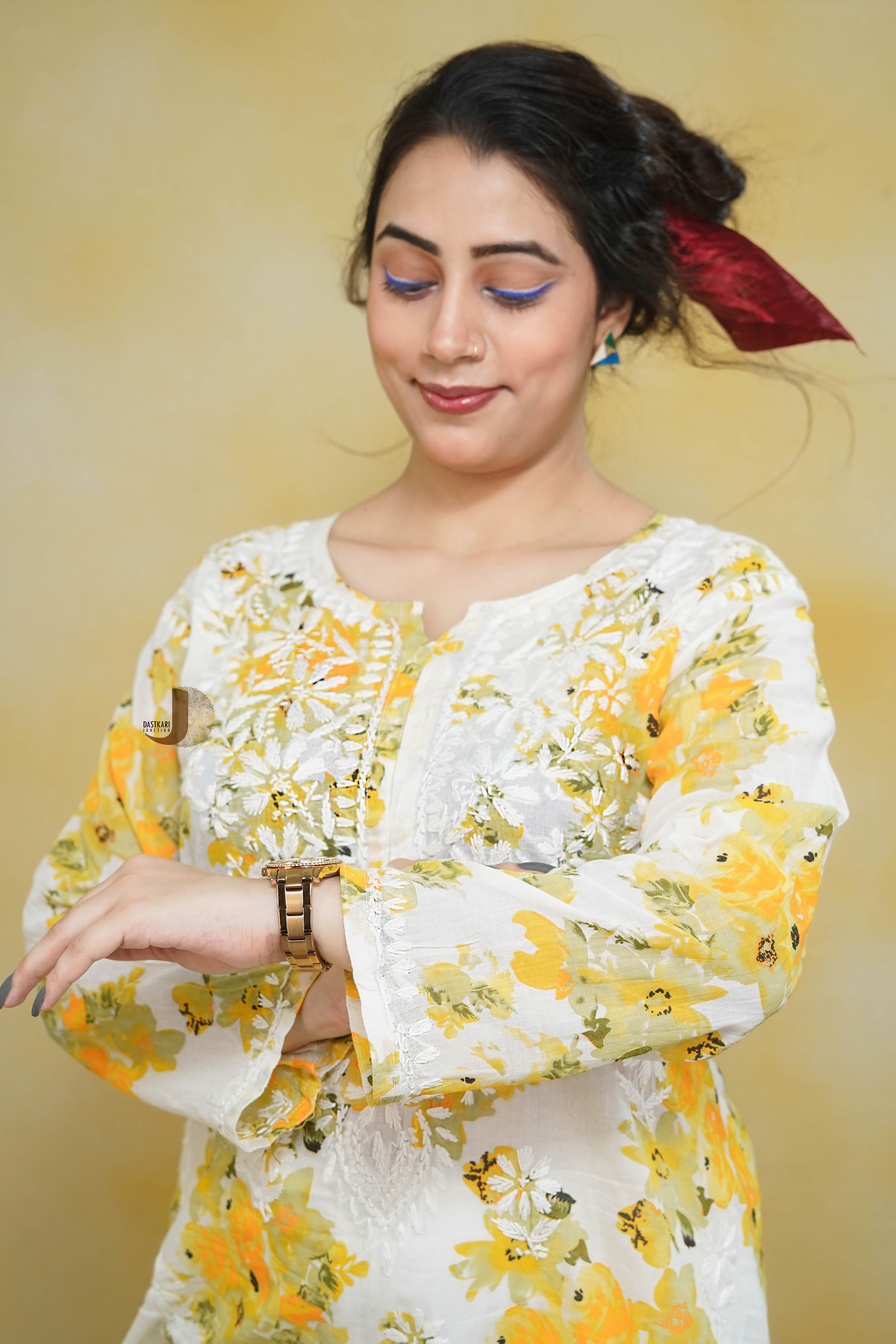 Yellow Floral Mulmul Kurti