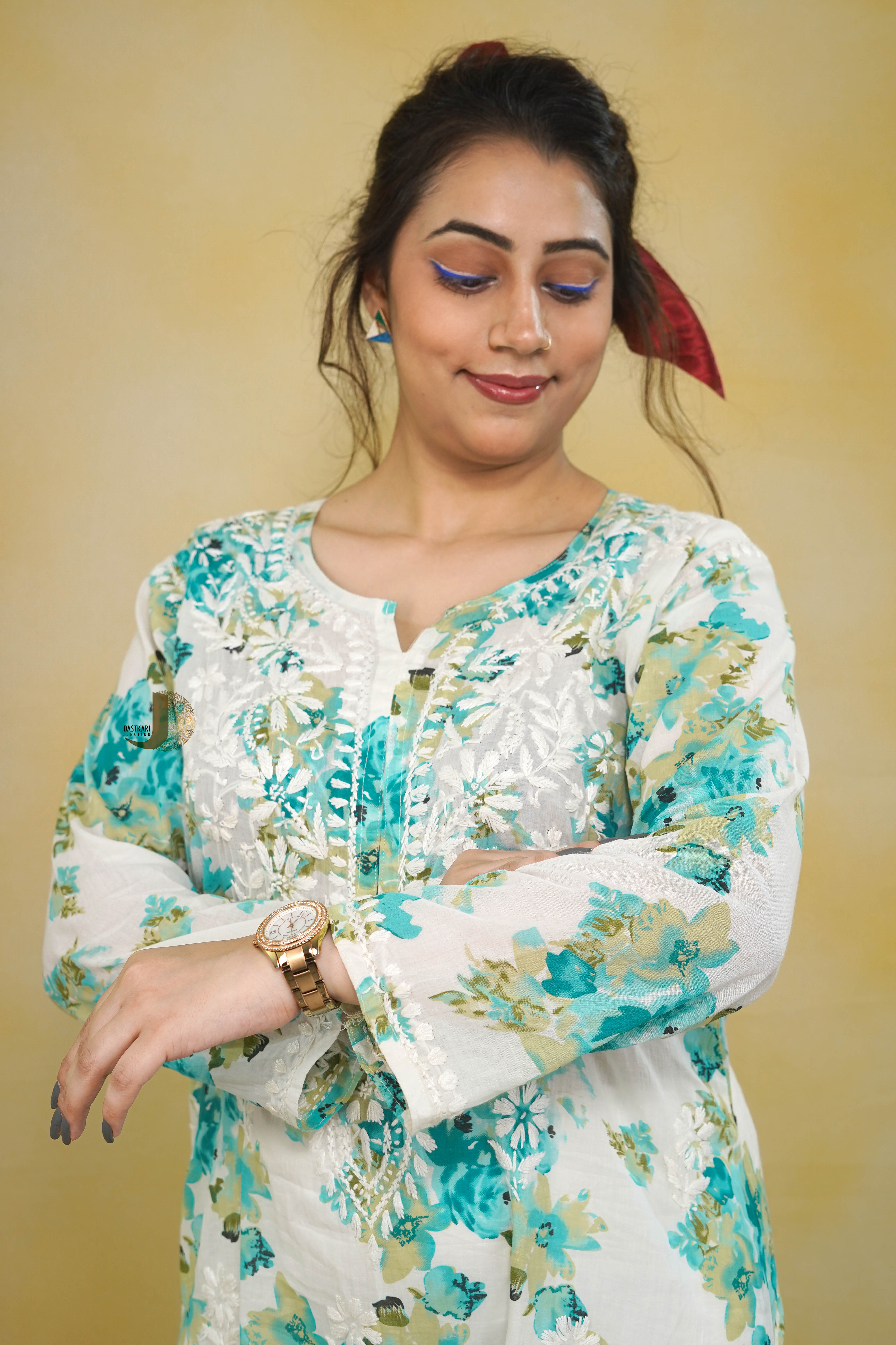 Blue Floral Mulmul Kurti