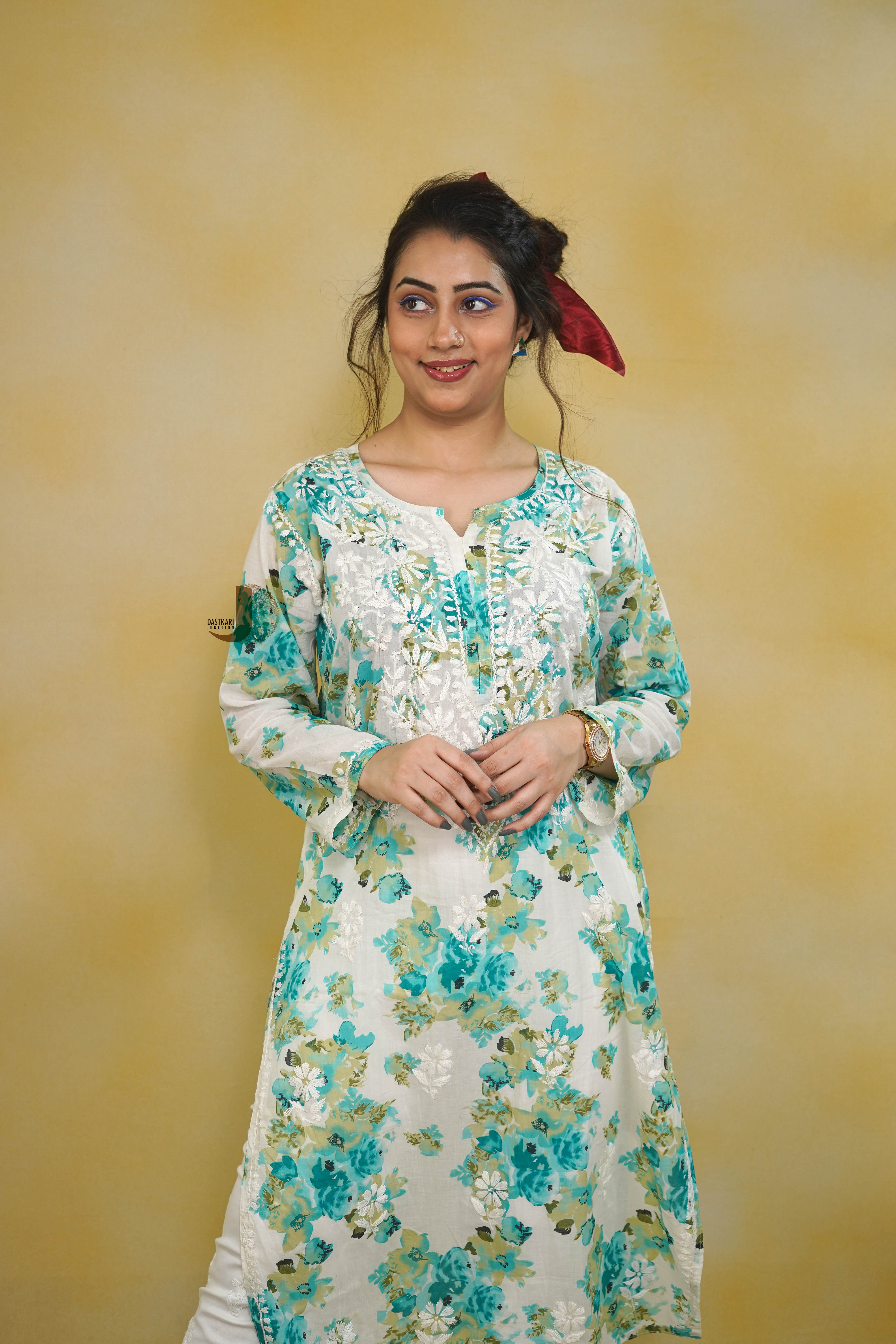 Blue Floral Mulmul Kurti