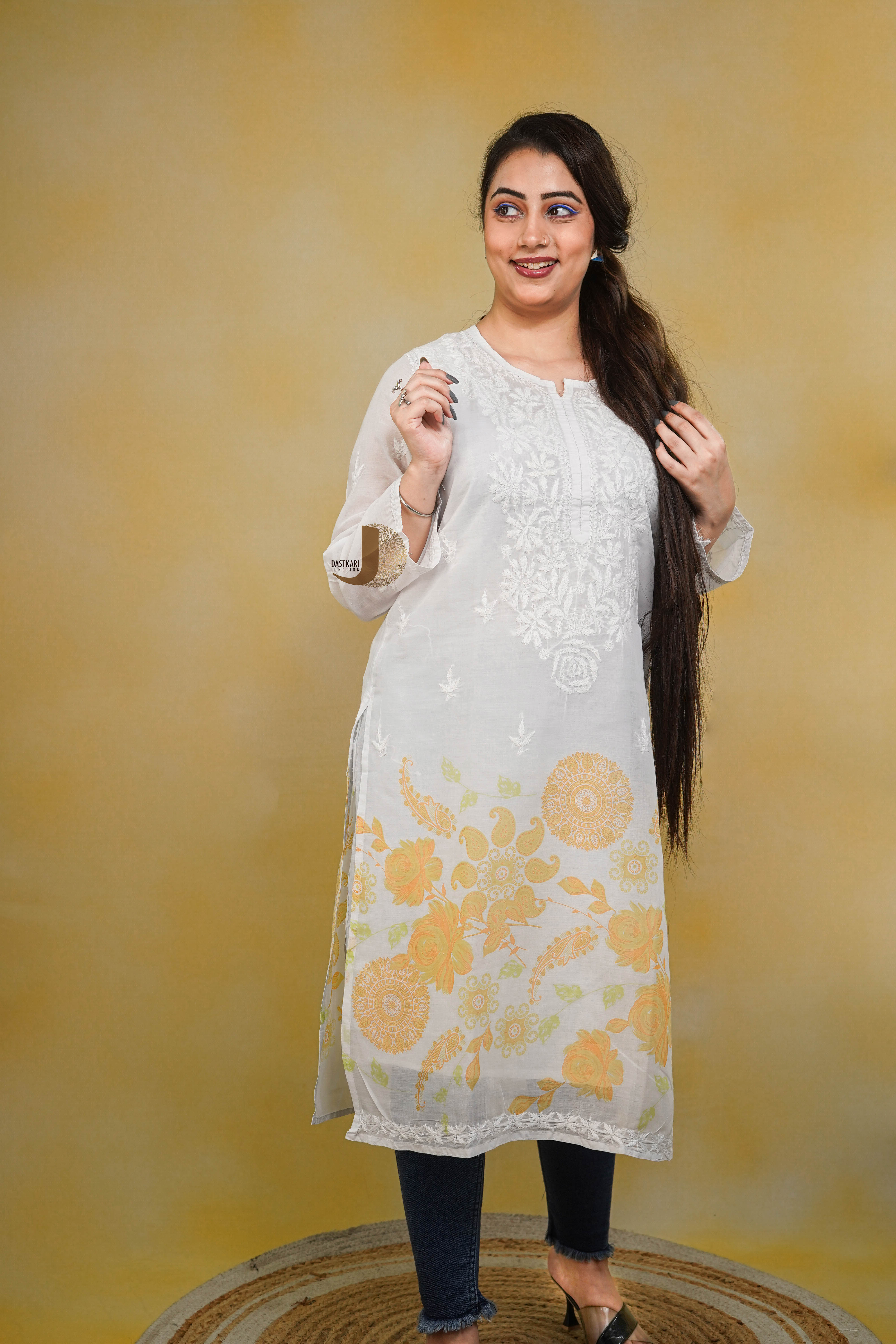 Mandala Print Yellow Cotton  Kurti